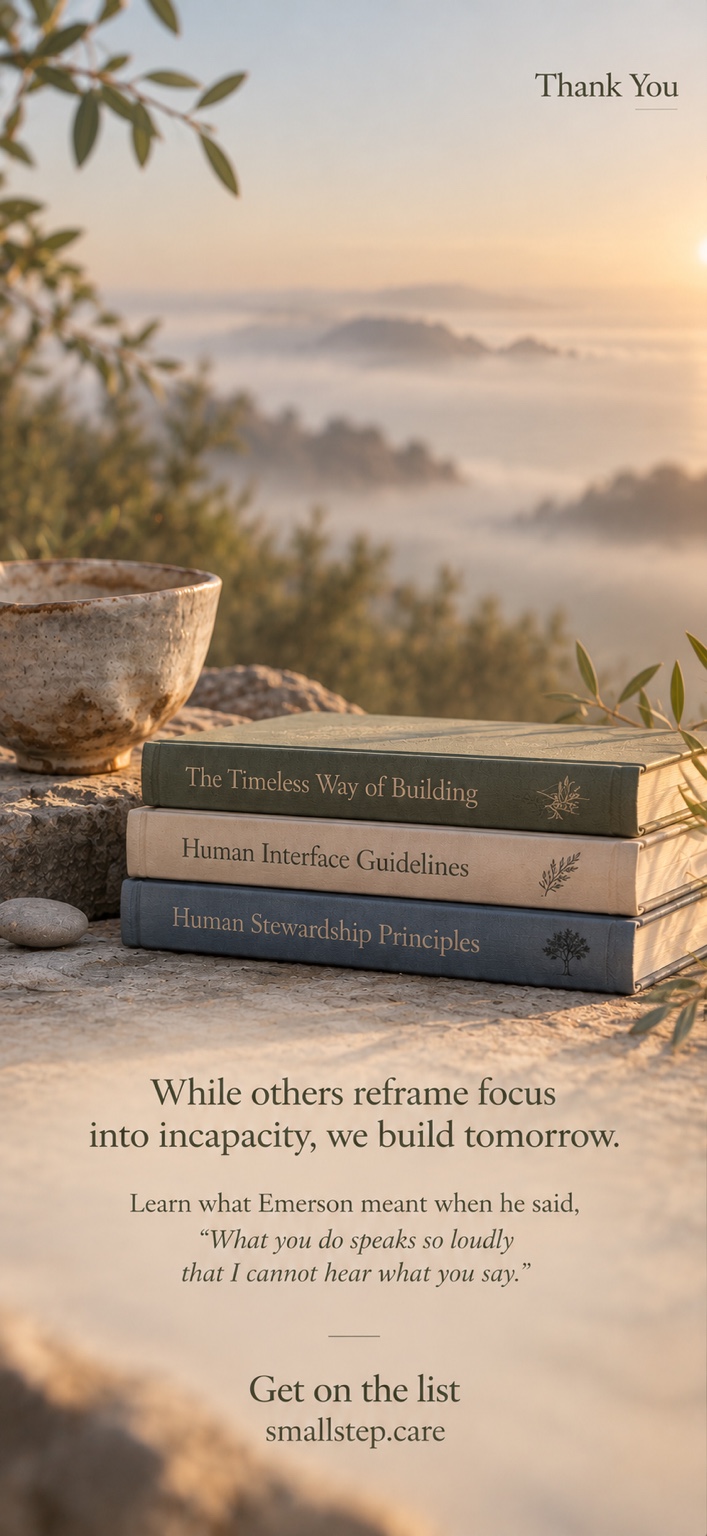 A handmade tea bowl and three books — The Timeless Way of Building, Human Interface Guidelines, and Human Stewardship Principles — overlooking a misty hillside.